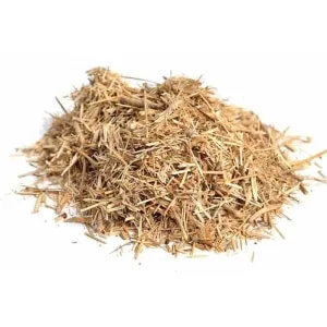 A small pile of dried, shredded brown hemp hurd for sale Australia on a white background.