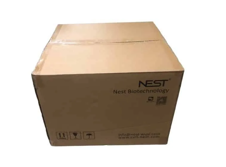 A closed cardboard shipping box labelled Nest Biotechnology with contact info and handling symbols.