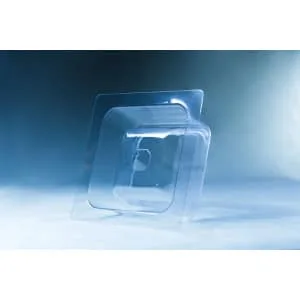 The Mycelium Mould Growth Form - Plant Pot Heavy Duty (Reusable) is displayed on a flat surface with a blue gradient background, its clear plastic design inspired by natural mycelium mould growth patterns.