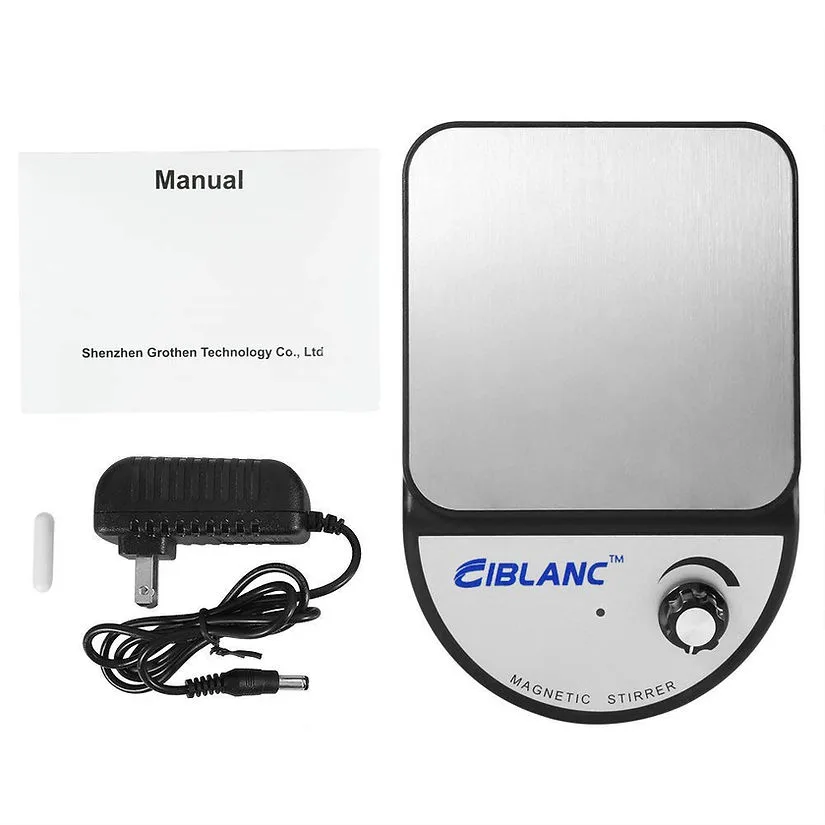 Magnetic Stirrer Ciblanc 3500rpm set with power adaptor, manual, and stir bar on a white background—perfect for anyone seeking reliable magnetic stirrer equipment or the best lab magnetic stirrer.