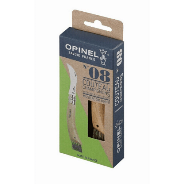 Stainless steel Opinel No 8 Folding Mushroom Knife with Beech Handle inside packaging