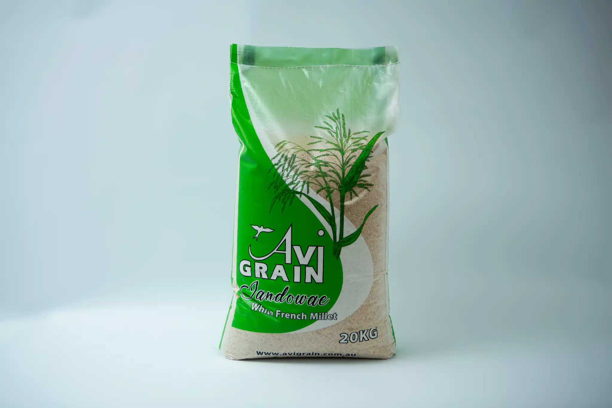 A 20kg bag of White French Millet unhulled, perfect as millet grains for mushroom cultivation, shown on a plain light background.