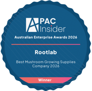 Blue award badge for Rootlab, winner of Best Mushroom Growing Supplies Company, Australian Enterprise Awards 2026.