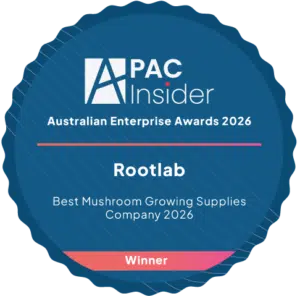 Blue award badge for Rootlab, winner of Best Mushroom Growing Supplies Company, Australian Enterprise Awards 2026.