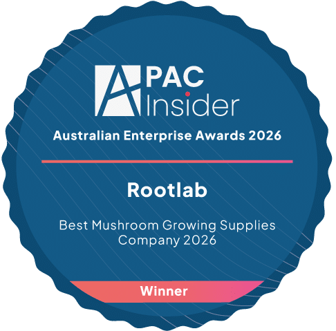 Blue award badge for Rootlab, winner of Best Mushroom Growing Supplies Company, Australian Enterprise Awards 2026.