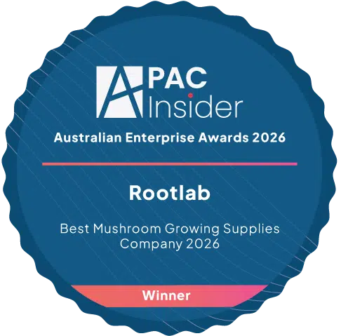 Blue award badge for Rootlab, winner of Best Mushroom Growing Supplies Company, Australian Enterprise Awards 2026.