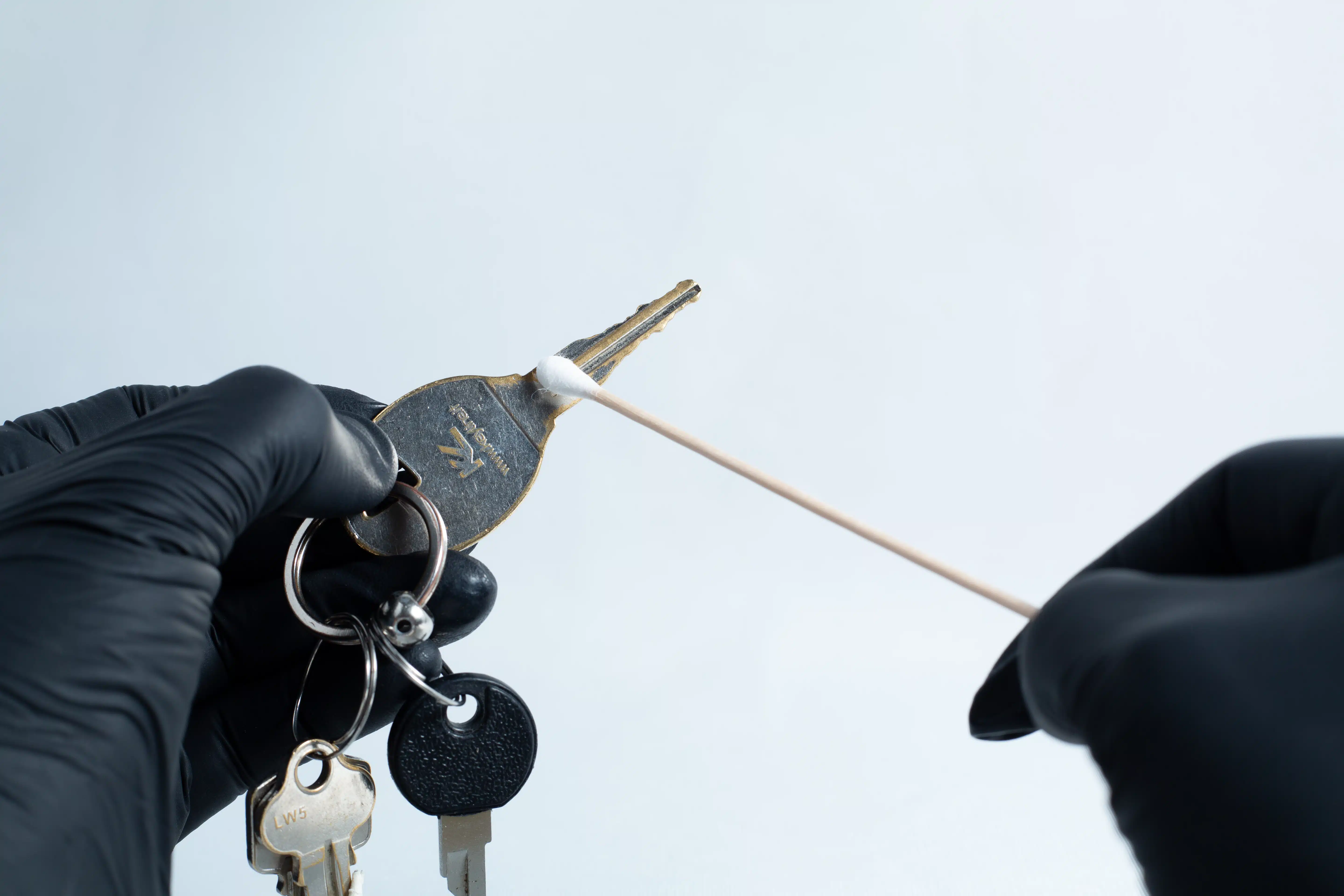 Gloved hands clean a house key with a cotton bud against a plain light background, just like using the Agar petri dish MEA School Science Fun Project Kit for school experiments or science fun activities.