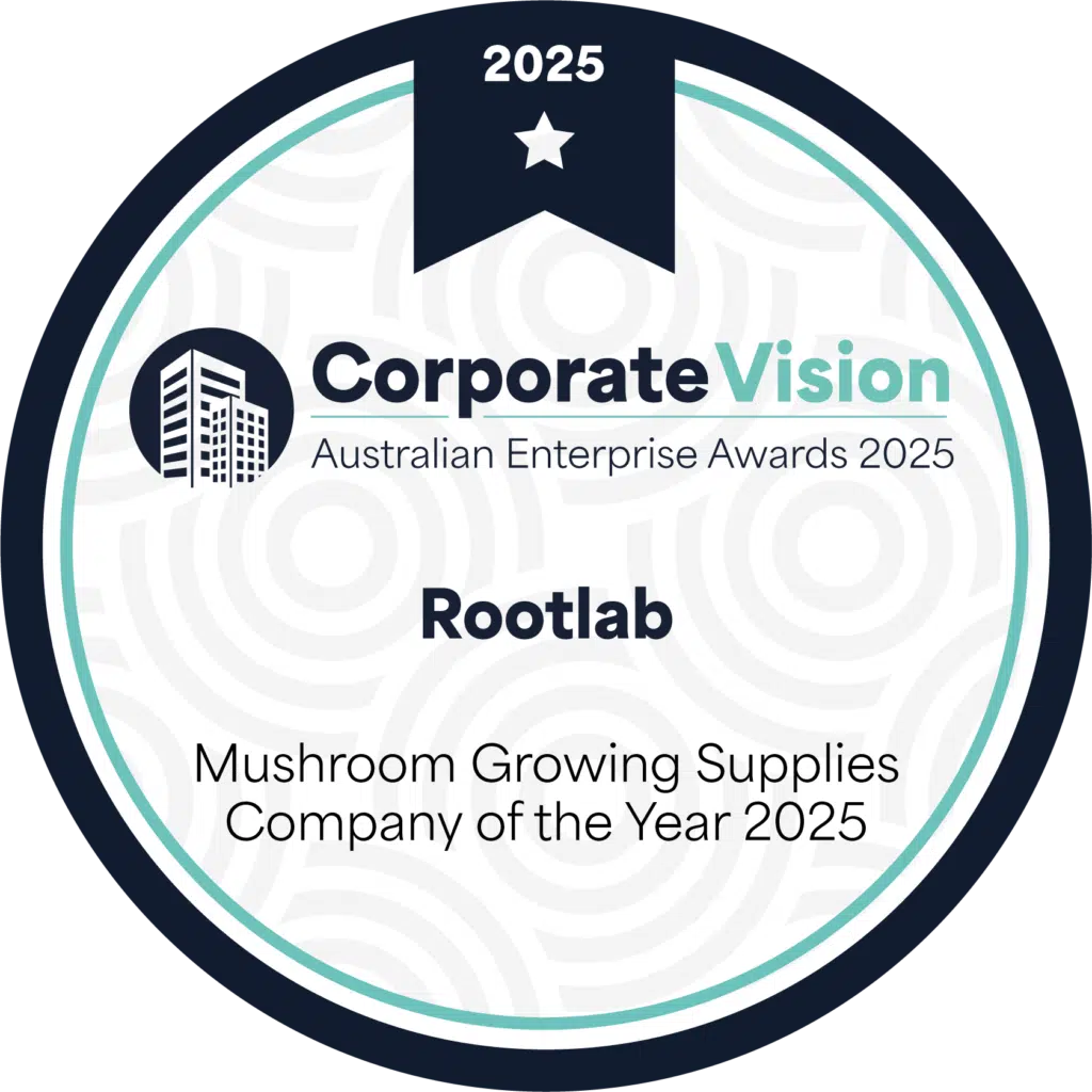 Badge: Rootlab, Mushroom Growing Supplies Company of the Year 2025, Corporate Vision Australian Awards.