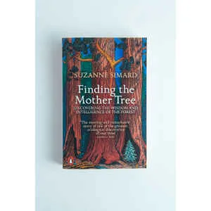Book cover of Finding the Mother Tree by Suzanne Simard, with tall illustrated trees on a blue background—a perfect pick for fans of forest ecology and nature books.