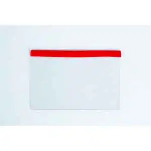 A transparent pocket with a red top edge on a white textured background is perfect for storing the Glass Spore Print Slides booklet (12.8cm x 8.5cm x 1mm) to safely preserve spore prints.