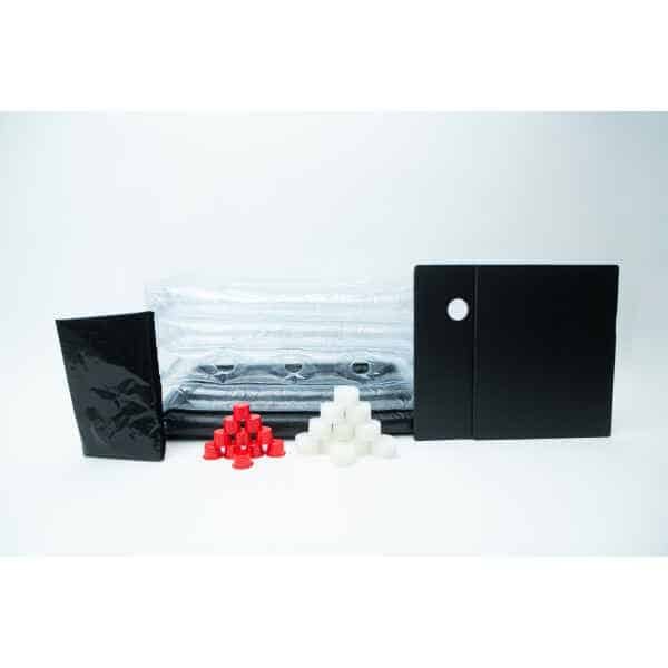Assorted black, red, and white plastic parts and sheets arranged on a white background—perfect components for assembling your Inflatable monotub kit for Growing mushrooms – Boomer Shroomer V 2.0.