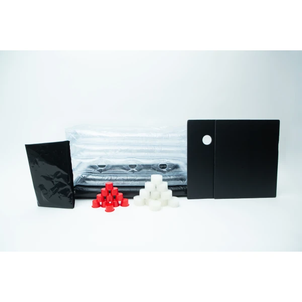 Assorted black, red, and white plastic parts and sheets arranged on a white background—perfect components for assembling your Inflatable monotub kit for Growing mushrooms – Boomer Shroomer V 2.0.