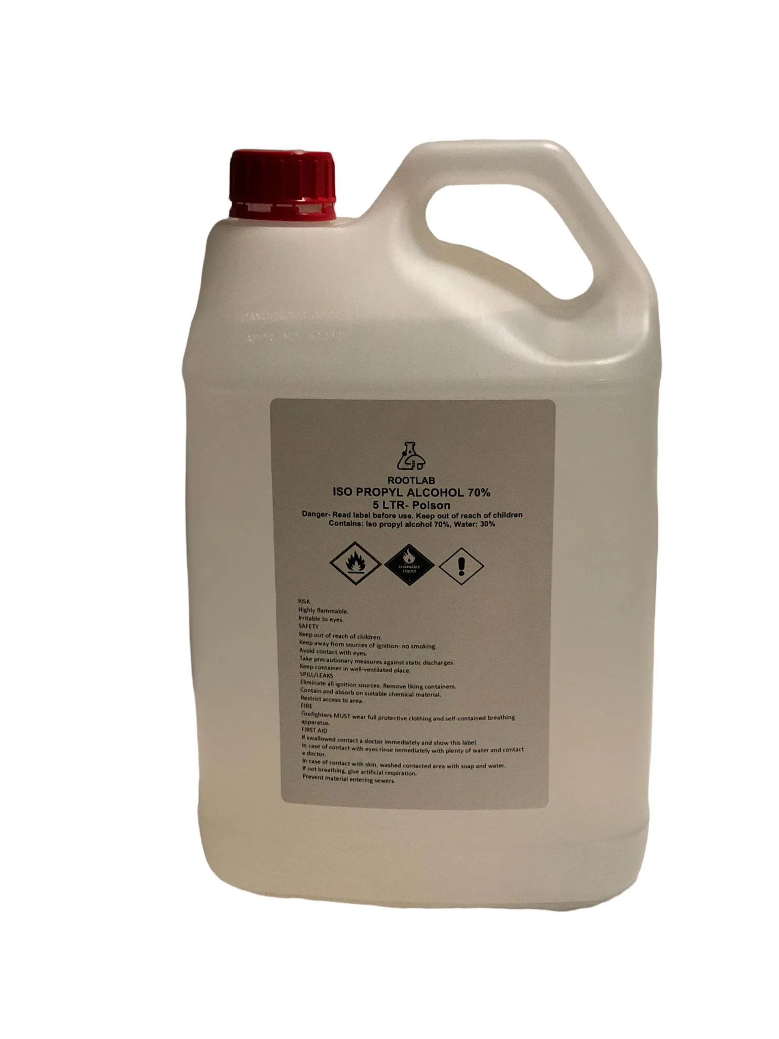 Isopropyl alcohol 70%- 5 Liter (Pickup only) 1 Isopropyl alcohol 70% - 5 Litre (Collection only) container with a red cap and warning labels on the front.