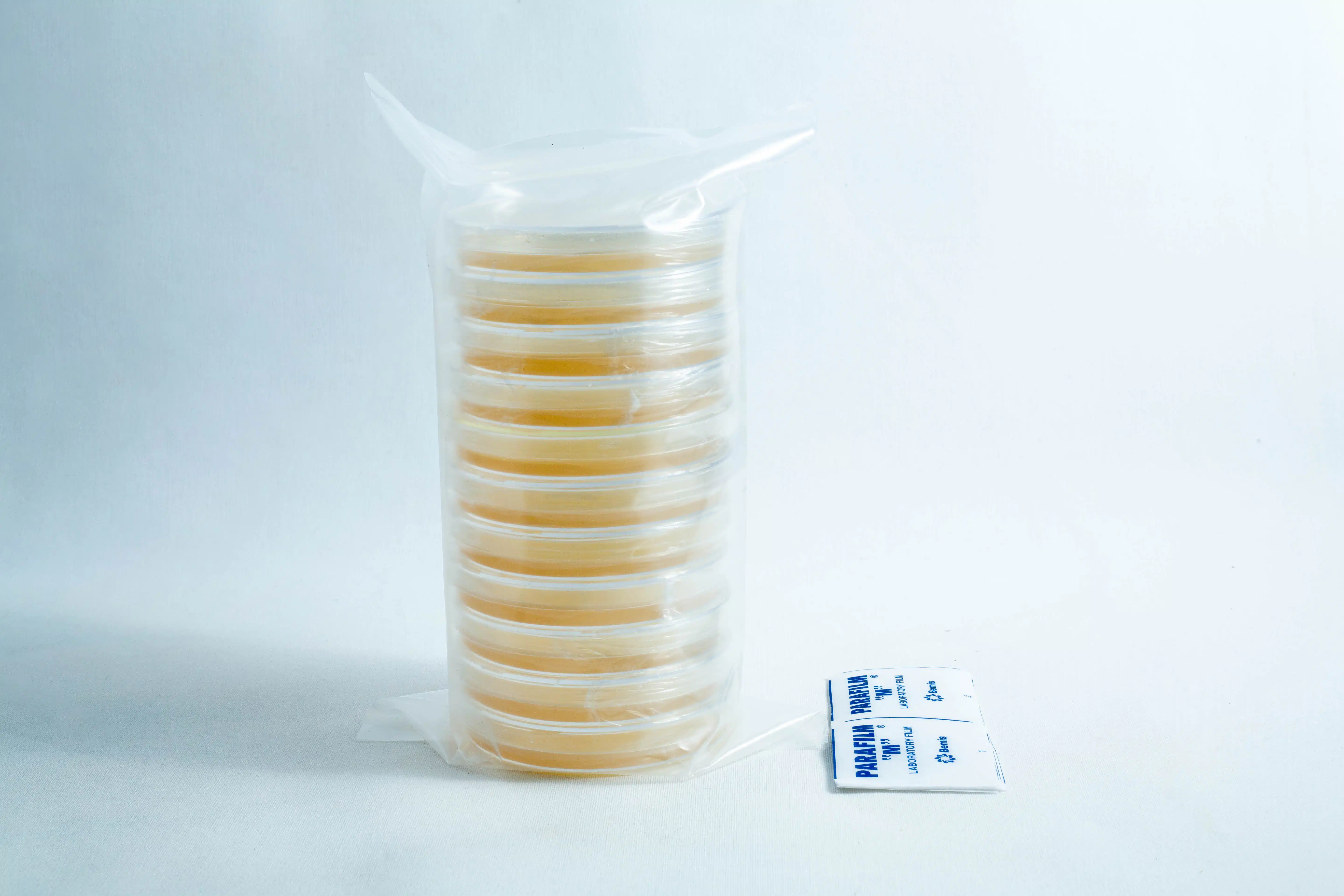 A stack of Pre-poured MEA plates Petri dish 90 mm sits next to two sterile alcohol prep pads on a white background.