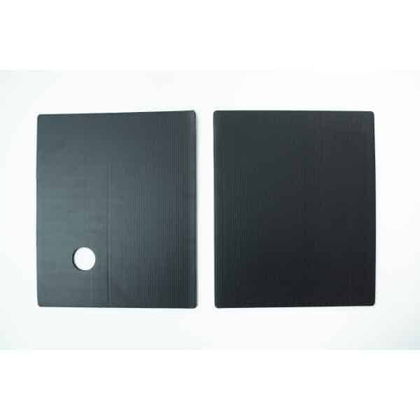 Two black rectangular mats, one with a circular hole, placed side by side on a white background—perfect for use with the Inflatable Monotub Kit for Growing Mushrooms - Boomer Shroomer V 2.0.