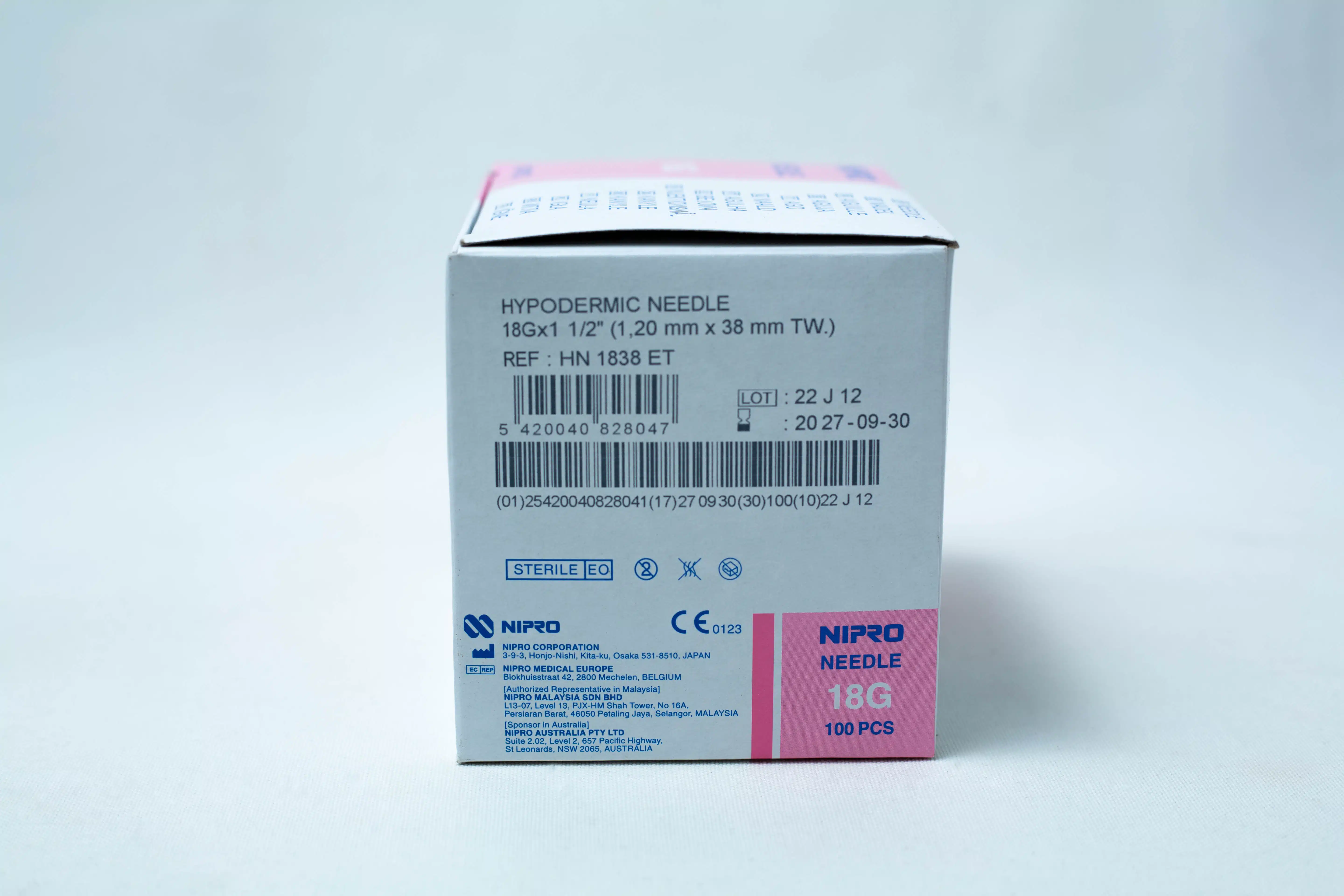Sterile 18G hypodermic needles whole box 100pcs, with product details and barcodes visible—perfect choice for anyone needing reliable 18G needle options.