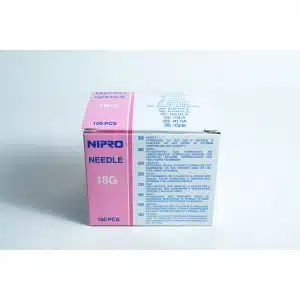 Sterile 18G hypodermic needles whole box 100pcs—features blue and pink labelling on white. Buy now for reliable, precise use.