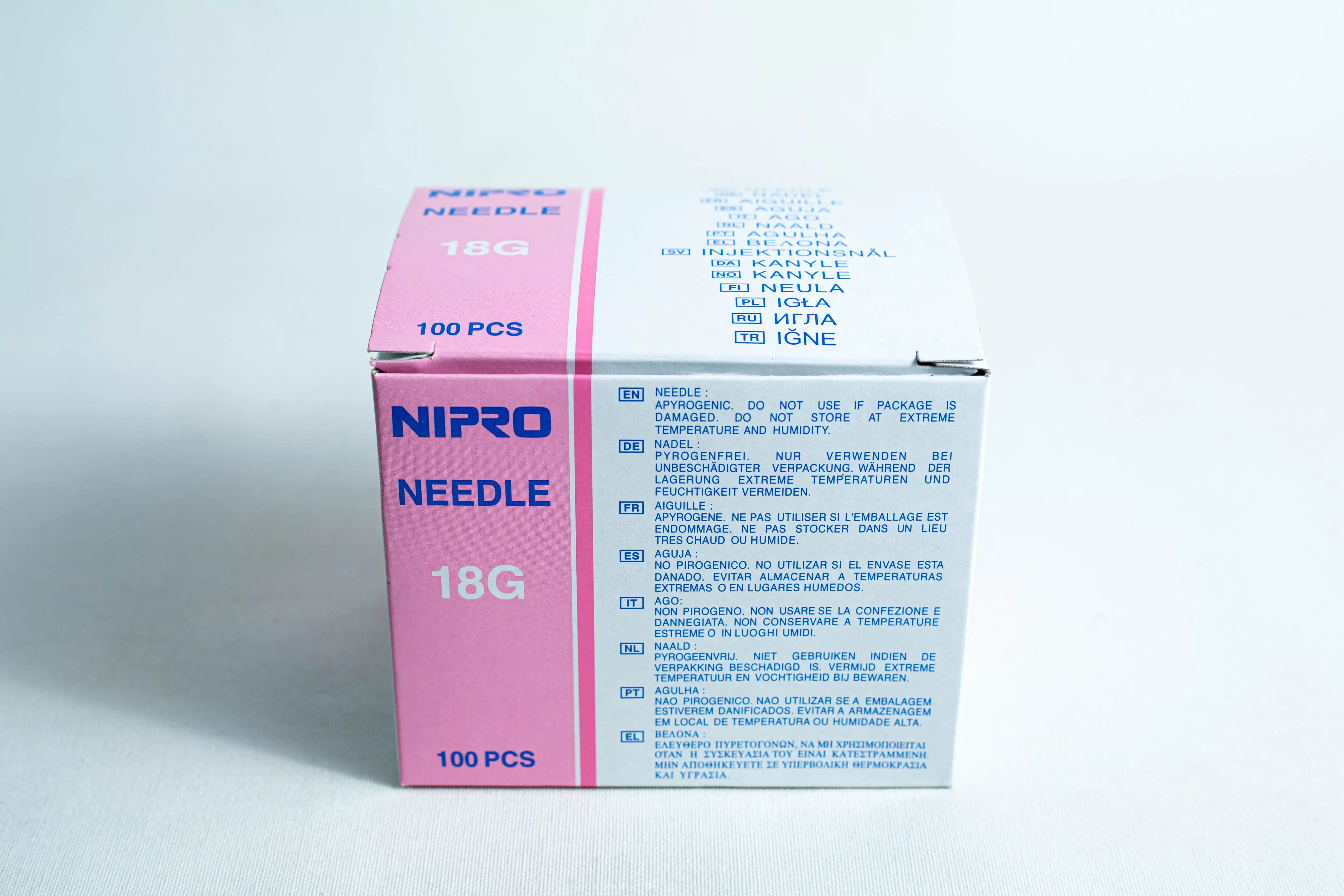Sterile 18G hypodermic needles whole box 100pcs—features blue and pink labelling on white. Buy now for reliable, precise use.