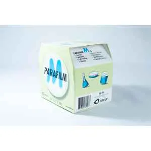 A box of Parafilm Lab sealing film, shown with beakers sealed for secure and flexible laboratory use.