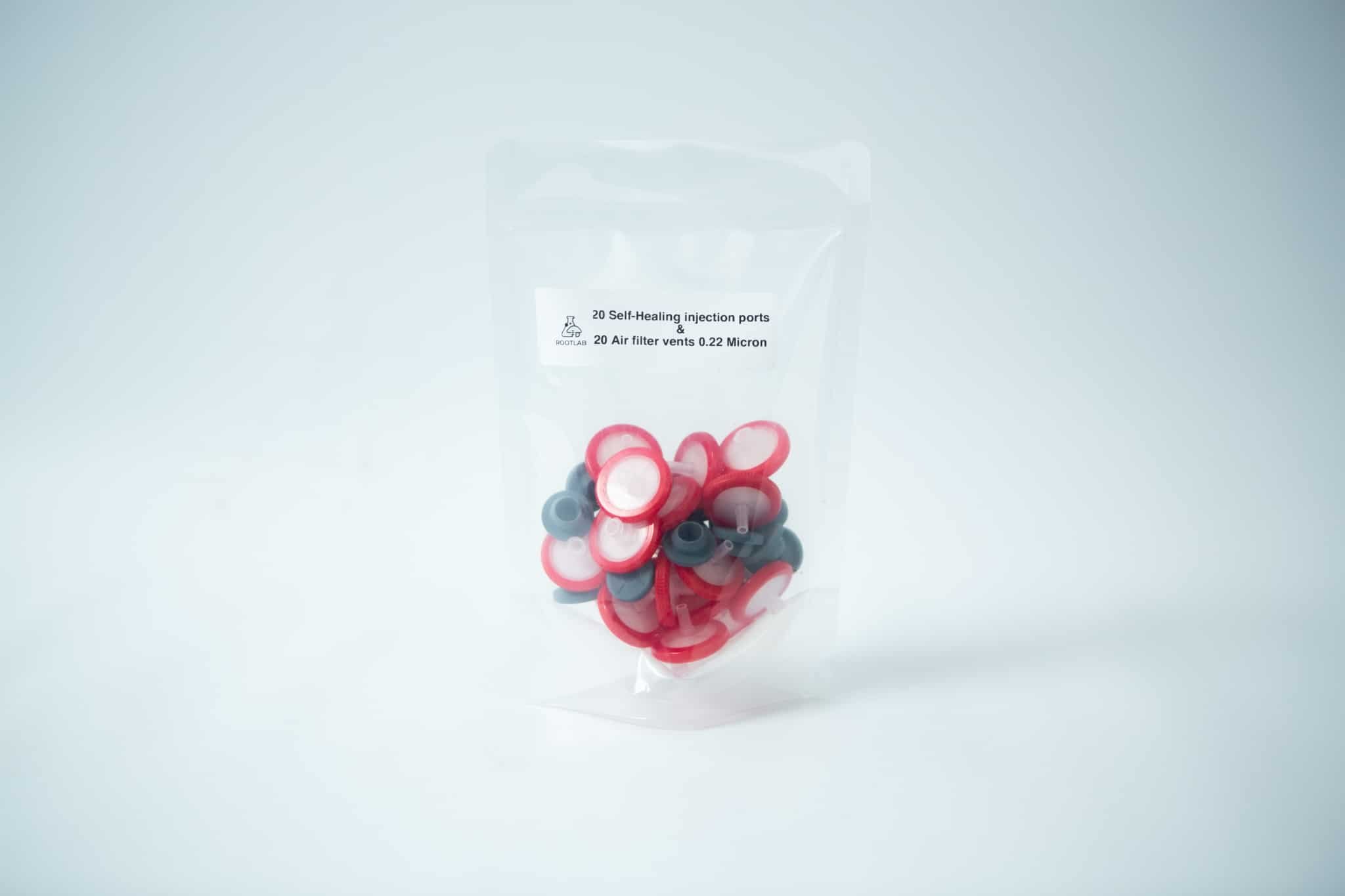 Rubber Self Healing Injection port and Syringe Filter PTFE for Mycology 1 A clear bag with Rubber Self-Healing Injection Ports and PTFE Syringe Filters for Mycology, plus air filter vents, shown on a plain background.