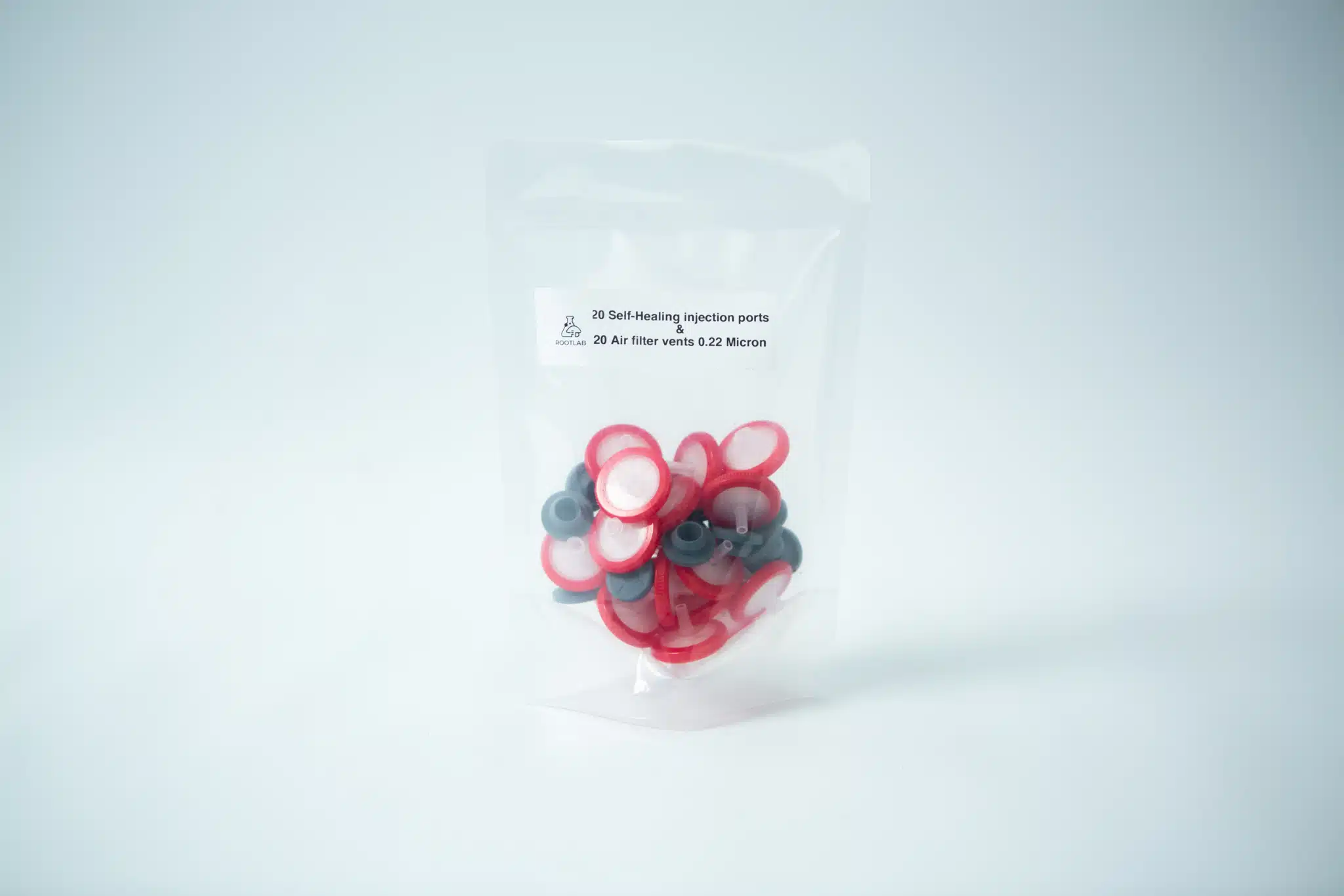 A clear bag with Rubber Self-Healing Injection Ports and PTFE Syringe Filters for Mycology, plus air filter vents, shown on a plain background.