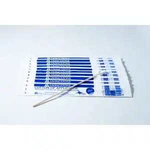 Eight packs of Sterile Cotton Tip Applicator/Swab in blue and white, each containing one sterile cotton tip swab, with a single wooden applicator on top.