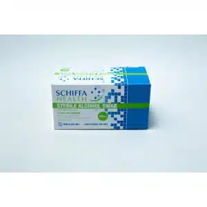 A box of 100 Sterile Alcohol Wipes/Swabs/Pads in blue, green, and white packaging, featuring premium isopropyl alcohol swabs for effective cleaning.