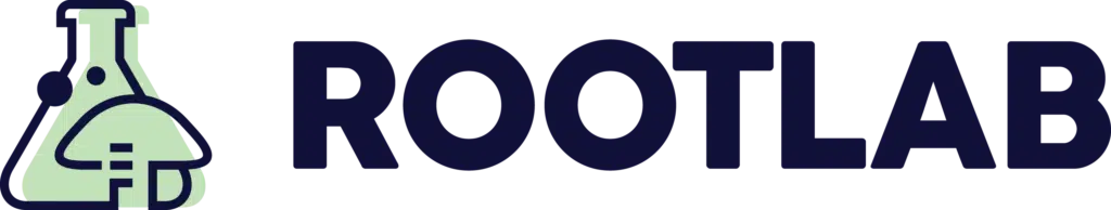 Logo with a green lab flask and mushroom icon beside the word ROOTLAB in bold black letters.