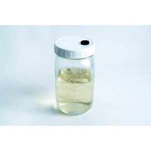 Uncolonised Liquid Culture Jar with nutrient and magnetic stirrer, white lid with small black hole, containing pale liquid on a white background. Collection only. Ideal for preparing cultures in sterile conditions.