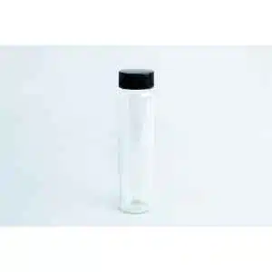 Slants—replacement for agar petri-dish: clear glass vial with black screw cap, shown upright on a white background. Ideal for preparing and storing mushroom slants.