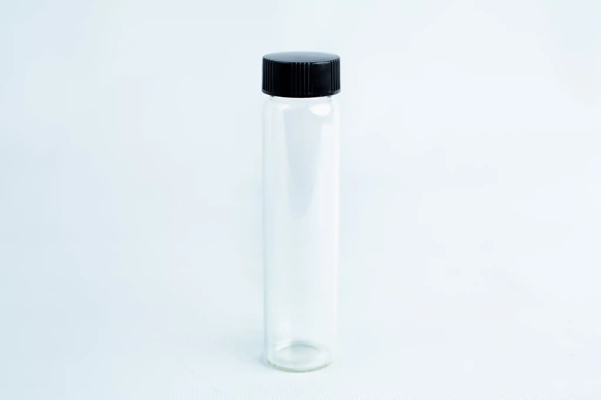 Slants—replacement for agar petri-dish: clear glass vial with black screw cap, shown upright on a white background. Ideal for preparing and storing mushroom slants.