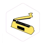 A yellow and black impulse heat sealer with its clamp raised, shown on a hexagonal white background—perfect for sealing bags as part of your mushroom farming supplies.
