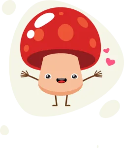Cute cartoon mushroom with a red cap, smiling with arms wide open and pink hearts nearby—perfect for fans of Mushroom Supplies Australia or anyone who loves collecting adorable mushroom growing supplies!.