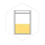 Illustration of a clear, sealed plastic bag half-filled with a yellow liquid inside a hexagonal border, perfect for showcasing essential mushroom growing supplies.