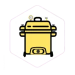 Yellow pressure cooker with a gauge and valve, viewed from the front, on a white hexagonal background—an essential tool among mushroom farming supplies.