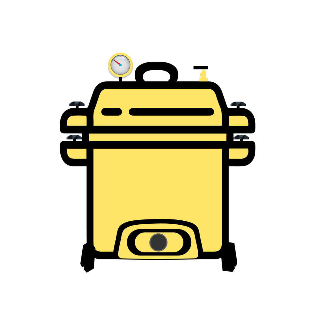 How to operate All American Sterilizers? 7 Yellow pressure cooker with a gauge, handles on the sides, and a knob at the bottom, on a white background.