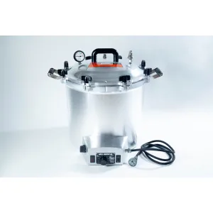 The All-American Wingnut is a large silver pressure cooker featuring gauge, latch handles, and a black power lead, shown on a white background.