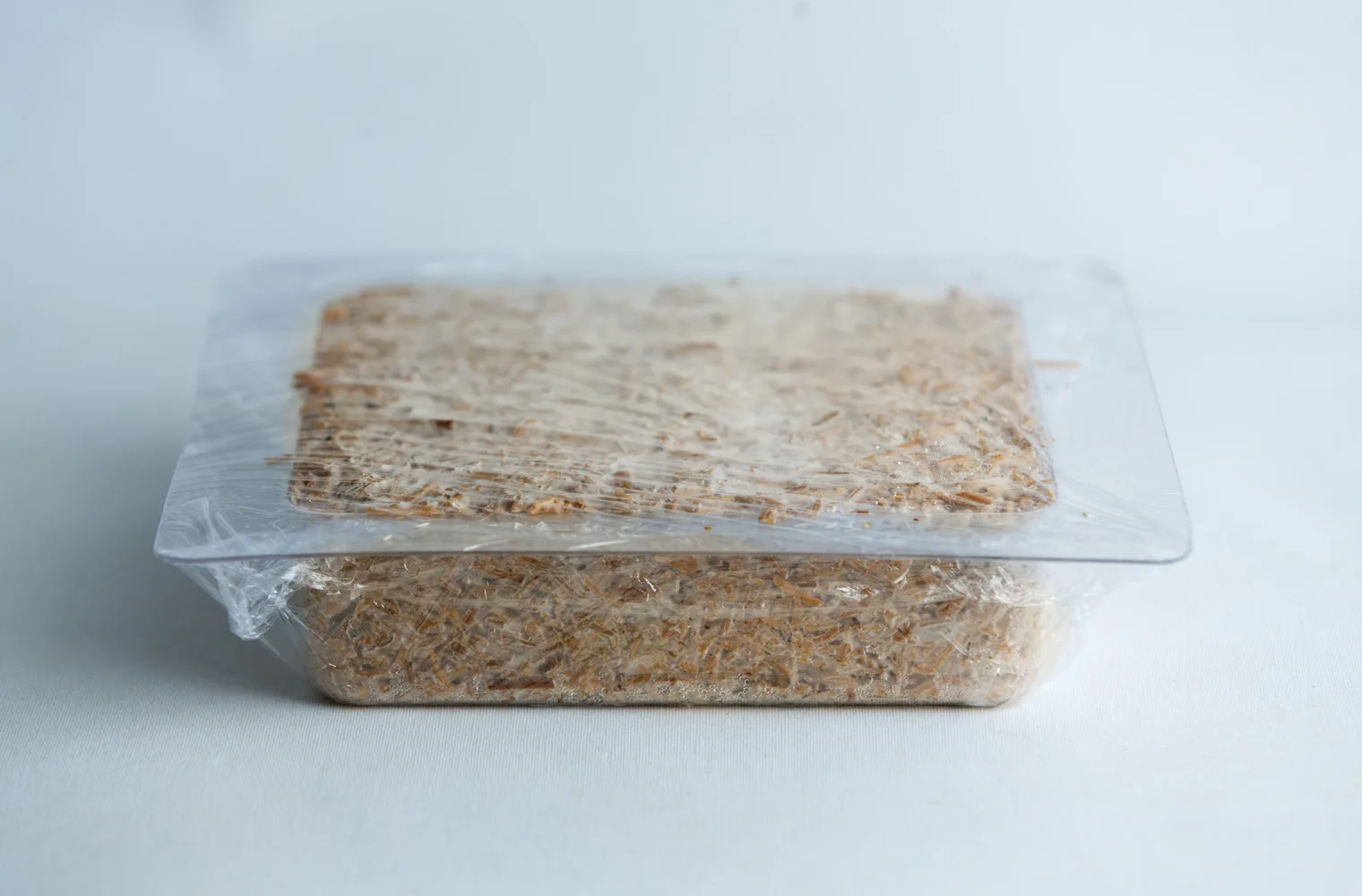 A rectangular block of food wrapped in plastic on a white surface.