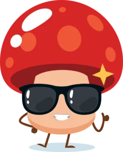 Smiling cartoon mushroom with a red cap, sunglasses, and a shiny star on its head, posing confidently—meet the fun mascot behind About Rootlab Australia!.