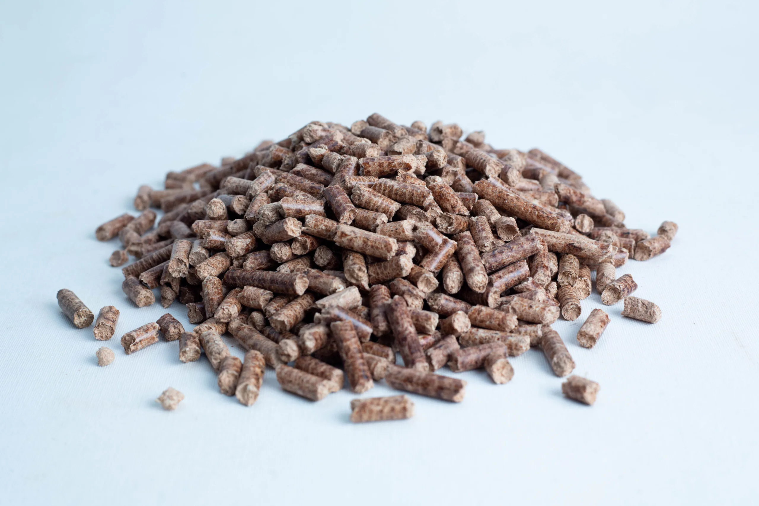 A pile of brown cylindrical wood pellets on a white surface.