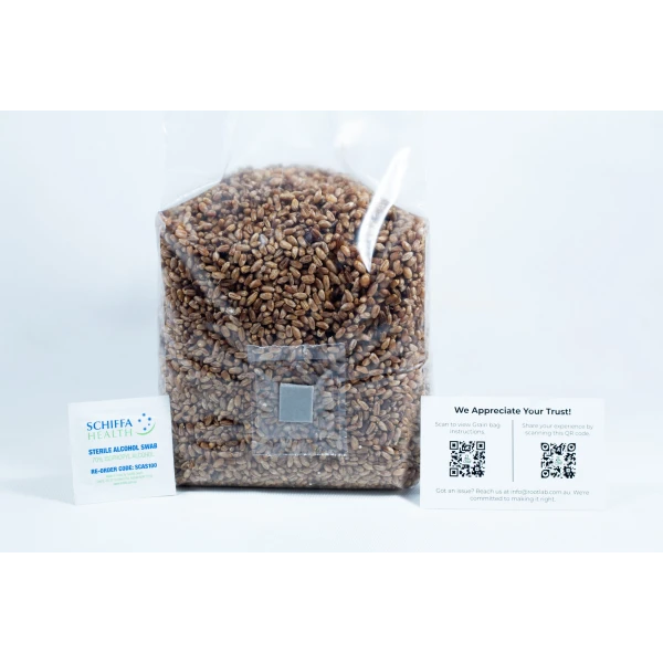Pre sterilised 2Kg rye mushroom grains w_inj port and air-filter and alcohol swaps