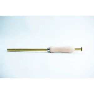 A brass and wood tool with a cylindrical handle and narrow metal shaft on a white background.