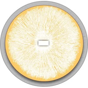 A circular pattern of white lines radiates from a central rectangle on a yellow and grey background.