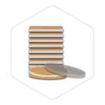 A stack of petri dishes with one open dish and lid in the front, inside a hexagonal outline—ideal for those seeking quality mushroom farming supplies.