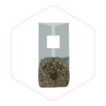 A clear bag filled with brown coffee beans, sealed at the top, on a light background—perfect for mushroom growers seeking quality supplies from Mushroom Supplies Australia.