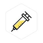 Illustration of a syringe filled with yellow liquid, shown inside a light hexagonal border.