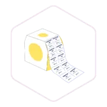 A roll of labels with PARABAHU QR CODES printed, coming out of a white box with yellow circles—perfect for organising your mushroom growing supplies from Mushroom Supplies Australia.