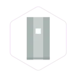 Minimalist illustration of a tall, grey rectangular object with a small white square in the centre.