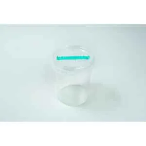 The Cordyceps militaris Mushroom Grow Kit is a clear plastic container with a transparent lid and a green object attached to the top for easy mushroom cultivation.