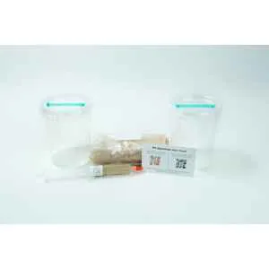 Two empty plastic containers, a wrapped item, syringe, and info card from the Cordyceps militaris Mushroom Grow Kit are arranged on a white background.